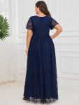 Pleated V-Neck Short Sleeve Ruffled Lace Evening Dress – Navy Blue