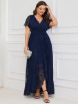 Plus Size Short Sleeve Ruffled V-Neck A-Line Lace Evening Dress – Navy Blue