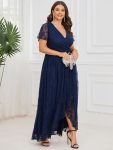 Plus Size Short Sleeve Ruffled V-Neck A-Line Lace Evening Dress – Navy Blue