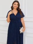 Pleated V-Neck Short Sleeve Ruffled Lace Evening Dress – Navy Blue