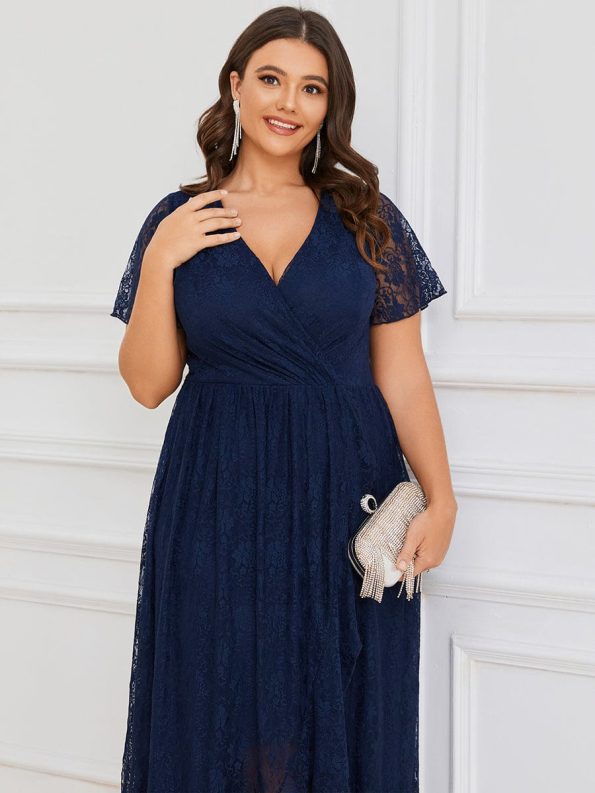 Pleated V-Neck Short Sleeve Ruffled Lace Evening Dress - Navy Blue