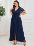 Pleated V-Neck Short Sleeve Ruffled Lace Evening Dress – Navy Blue