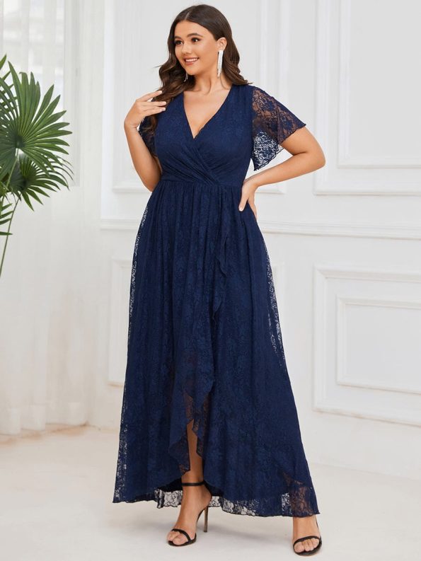 Pleated V-Neck Short Sleeve Ruffled Lace Evening Dress - Navy Blue