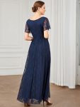 Pleated V-Neck Short Sleeve Ruffled Lace Evening Dress – Navy Blue