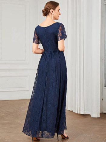 Pleated V-Neck Short Sleeve Ruffled Lace Evening Dress - Navy Blue