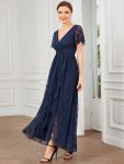 Pleated V-Neck Short Sleeve Ruffled Lace Evening Dress – Navy Blue