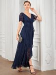 Pleated V-Neck Short Sleeve Ruffled Lace Evening Dress – Navy Blue