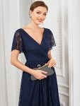 Pleated V-Neck Short Sleeve Ruffled Lace Evening Dress – Navy Blue