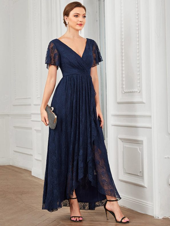 Pleated V-Neck Short Sleeve Ruffled Lace Evening Dress - Navy Blue