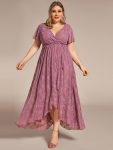 Pleated V-Neck Short Sleeve Ruffled Lace Evening Dress – Purple Orchid