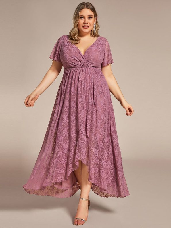 Pleated V-Neck Short Sleeve Ruffled Lace Evening Dress - Purple Orchid