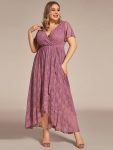 Plus Size Short Sleeve Ruffled V-Neck A-Line Lace Evening Dress - Purple Orchid