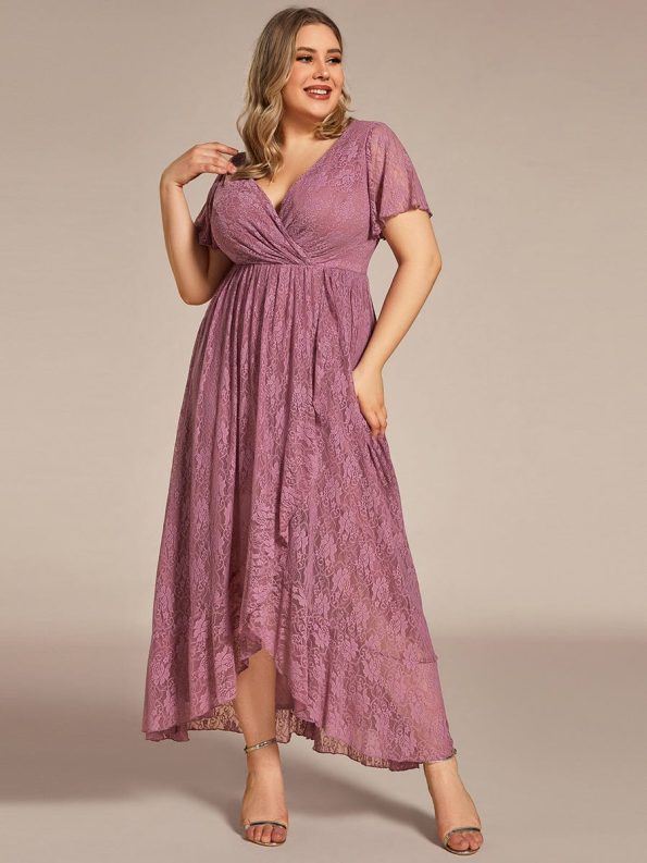 Plus Size Short Sleeve Ruffled V-Neck A-Line Lace Evening Dress - Purple Orchid