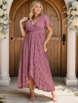 Pleated V-Neck Short Sleeve Ruffled Lace Evening Dress – Purple Orchid