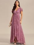 Pleated V-Neck Short Sleeve Ruffled Lace Evening Dress – Purple Orchid