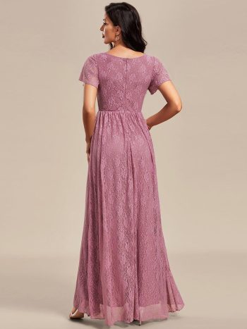 Pleated V-Neck Short Sleeve Ruffled Lace Evening Dress - Purple Orchid