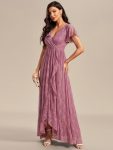 Pleated V-Neck Short Sleeve Ruffled Lace Evening Dress – Purple Orchid