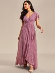 Pleated V-Neck Short Sleeve Ruffled Lace Evening Dress – Purple Orchid