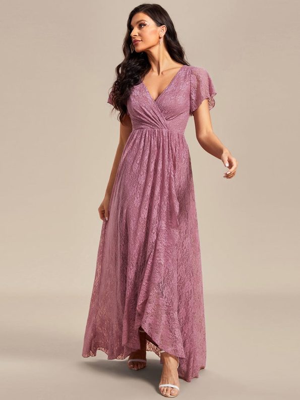 Pleated V-Neck Short Sleeve Ruffled Lace Evening Dress - Purple Orchid