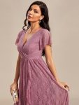 Pleated V-Neck Short Sleeve Ruffled Lace Evening Dress – Purple Orchid