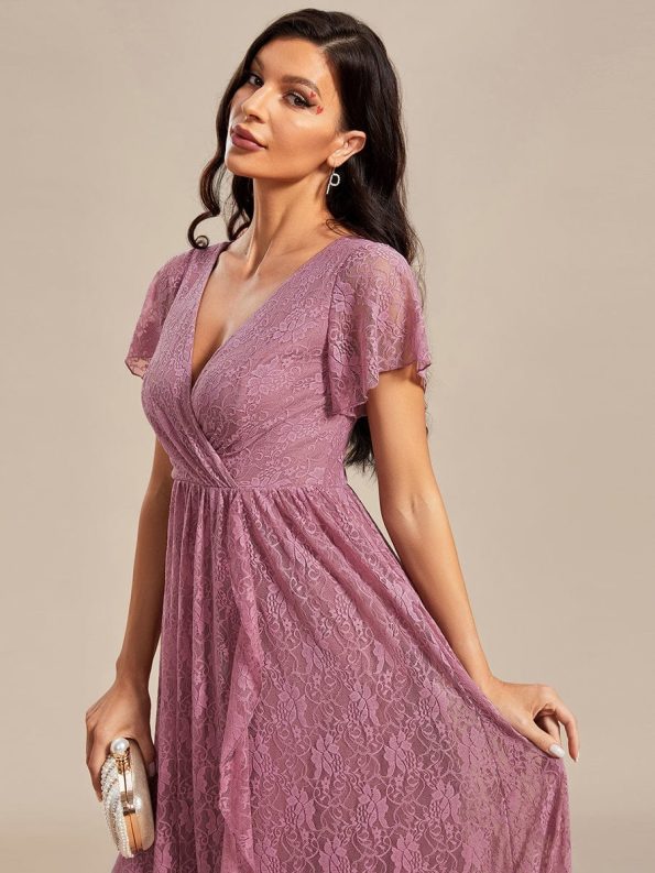 Pleated V-Neck Short Sleeve Ruffled Lace Evening Dress - Purple Orchid