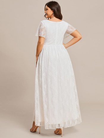 Plus Size Short Sleeve Ruffled V-Neck A-Line Lace Evening Dress - White