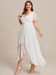 Plus Size Short Sleeve Ruffled V-Neck A-Line Lace Evening Dress – White