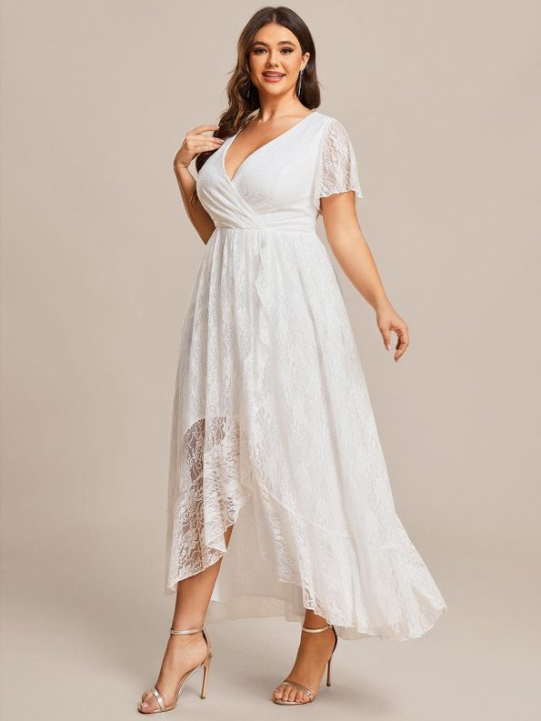 Plus Size Short Sleeve Ruffled V-Neck A-Line Lace Evening Dress - White