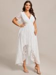 Plus Size Short Sleeve Ruffled V-Neck A-Line Lace Evening Dress - White