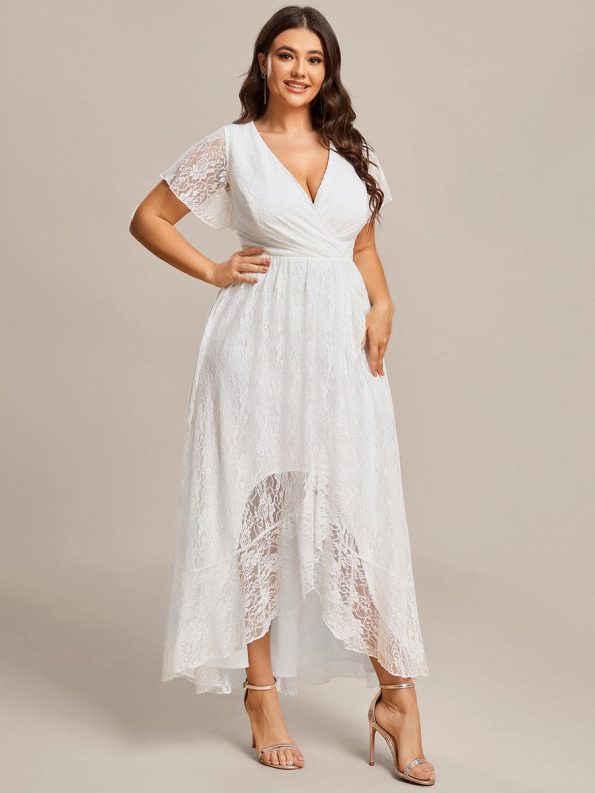 Pleated V-Neck Short Sleeve Ruffled Lace Evening Dress - White