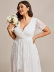 Plus Size Short Sleeve Ruffled V-Neck A-Line Lace Evening Dress – White