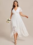 Plus Size Short Sleeve Ruffled V-Neck A-Line Lace Evening Dress – White