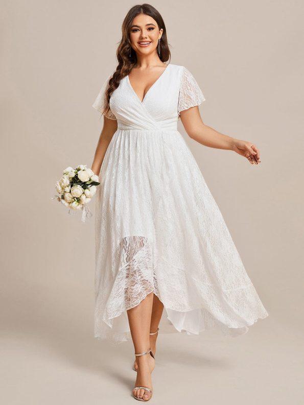 Plus Size Short Sleeve Ruffled V-Neck A-Line Lace Evening Dress - White