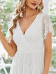 Pleated V-Neck Short Sleeve Ruffled Lace Evening Dress – White