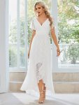 Pleated V-Neck Short Sleeve Ruffled Lace Evening Dress – White