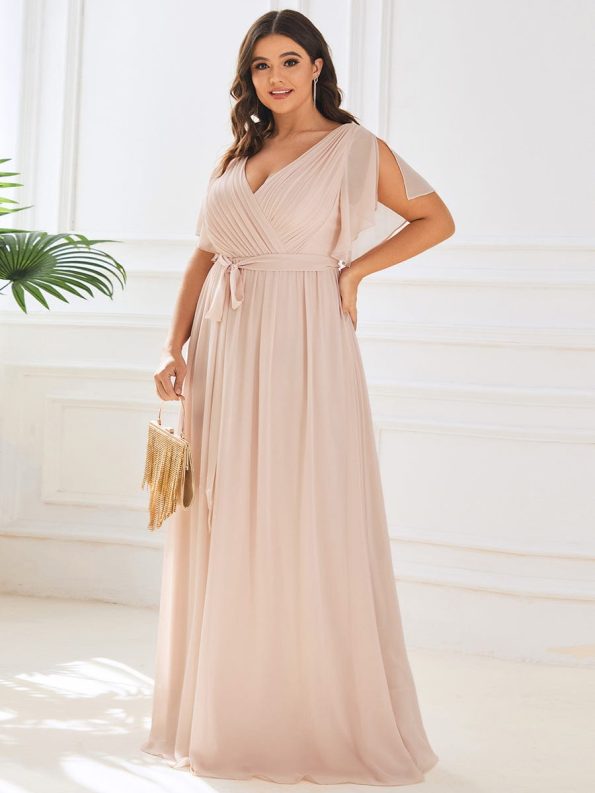 A-Line Pleated Chiffon Tie-Waist Evening Dress - Blush