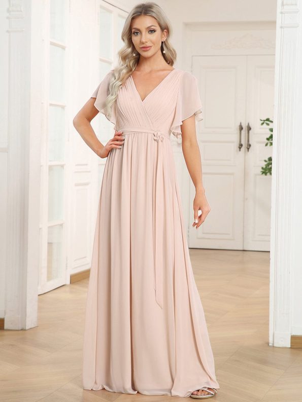 A-Line Pleated Chiffon Tie-Waist Evening Dress - Blush