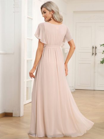 A-Line Pleated Chiffon Tie-Waist Evening Dress - Blush