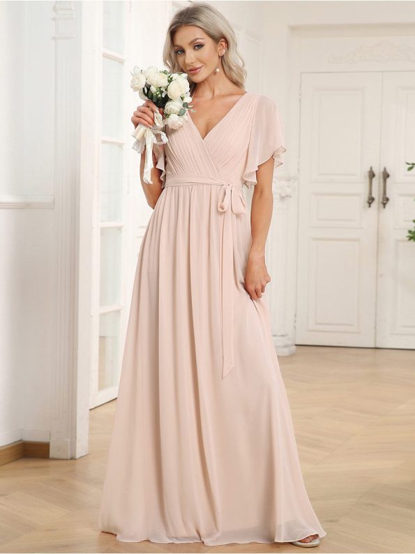 A-Line Pleated Chiffon Tie-Waist Evening Dress - Blush