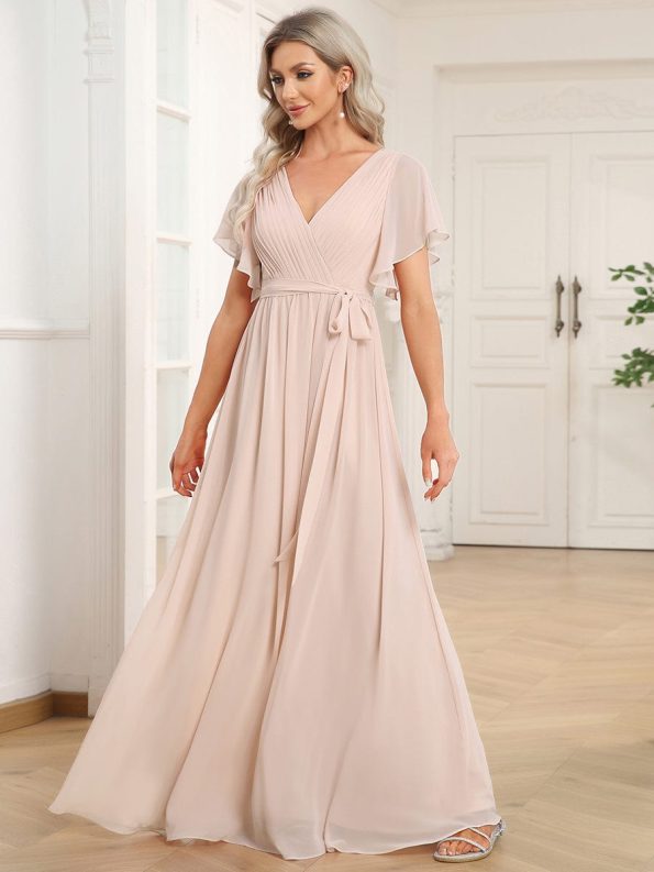 A-Line Pleated Chiffon Tie-Waist Evening Dress - Blush