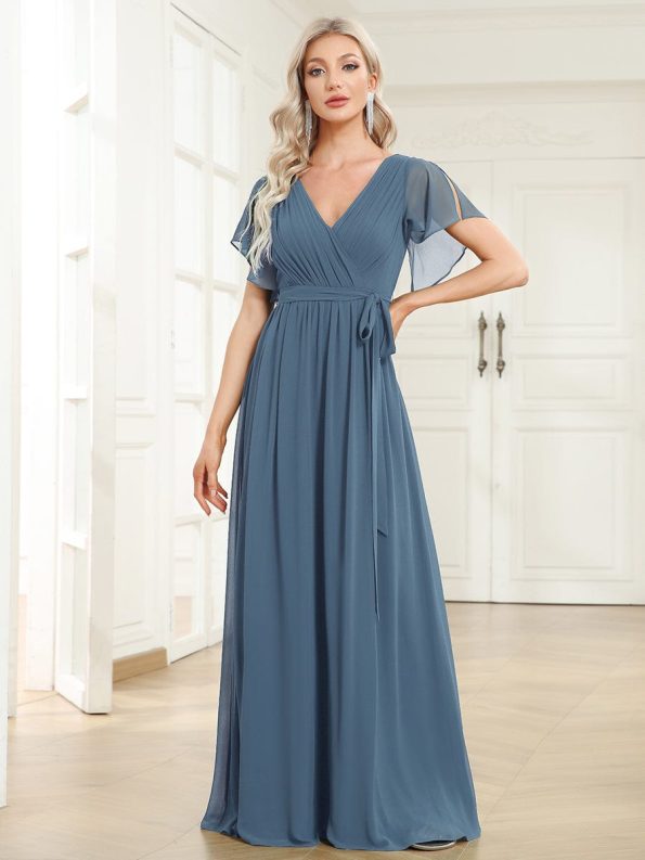 A-Line Pleated Chiffon Tie-Waist Evening Dress - Dusty Navy