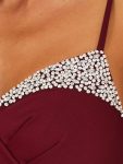 Sparkling Spaghetti Strap Evening Dress with Thigh-High Slit – Burgundy