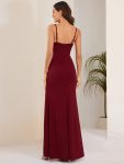 Sparkling Spaghetti Strap Evening Dress with Thigh-High Slit – Burgundy