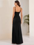 Sparkling Spaghetti Strap Evening Dress with Thigh-High Slit – Black