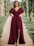 Glitter High-Low Front Side Slit Ruffled V-Neck Evening Dress – Burgundy