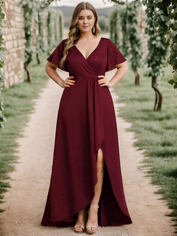 Glitter High-Low Front Side Slit Ruffled V-Neck Evening Dress - Burgundy