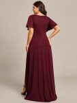 Glitter High-Low Front Side Slit Ruffled V-Neck Evening Dress – Burgundy