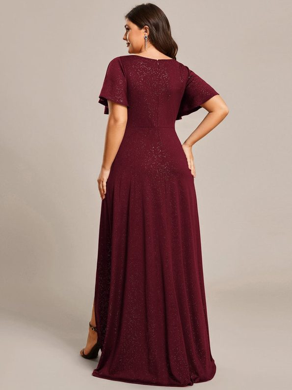 Glitter High-Low Front Side Slit Ruffled V-Neck Evening Dress - Burgundy