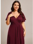 Glitter High-Low Front Side Slit Ruffled V-Neck Evening Dress – Burgundy