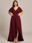 Plus Size Glitter Ruffled High-Low Front Slit Evening Dress - Burgundy